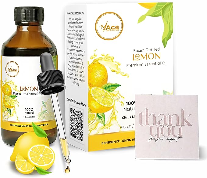 My Ace Lemon Essential Oil 4oz – 100% Pure & Natural, Premium Grade, Undiluted Citrus Limon Peel Oil for Diffuser, Aromatherapy, Skin & Hair Care, Amber Glass Bottle with Dropper