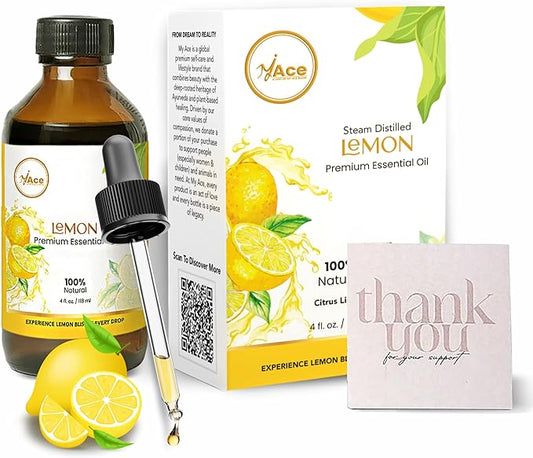 My Ace Lemon Essential Oil 4oz – 100% Pure & Natural, Premium Grade, Undiluted Citrus Limon Peel Oil for Diffuser, Aromatherapy, Skin & Hair Care, Amber Glass Bottle with Dropper