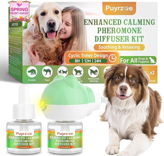puyrzoe Dog Calming Diffuser with Timing Functions, 3-in-1 Dog Anxiety Relief Diffuser Kit, 120-Day Anxiety Relief, Stress Relaxation Pheromones Calming for All Dogs (1 Diffusers + 2 Refills)