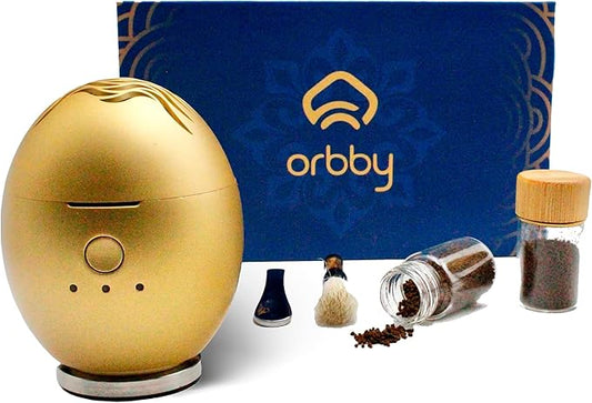 Orbby Scent Diffuser Starter Kit | Small Portable Desk Diffuser for Office: Electric Incense Burner, Rechargeable Cordless Pet Safe, Odor Eliminator – Flameless (Gold, Includes Pellets)