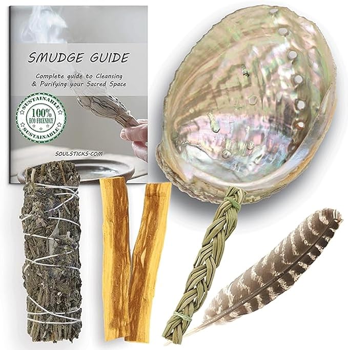 Ancient VEDA Organic Smudge Kit – Lavender, Palo Santo, Sweetgrass, Abalone Shell, Feather & Smudge Guide | Home Smudging Kit for Energy Cleansing, Meditation, Healing (Healer's Kit, Lavender Sage)
