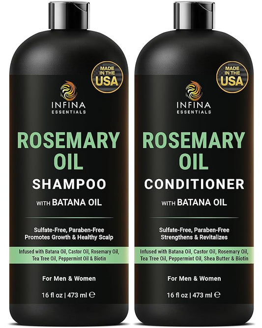 INFINA ESSENTIALS Rosemary Oil Shampoo and Conditioner Set | 16 fl oz Each | with Batana Oil & Biotin | Sulfate-Free Thickening Formula for Thinning Hair | For Men & Women | Made in USA