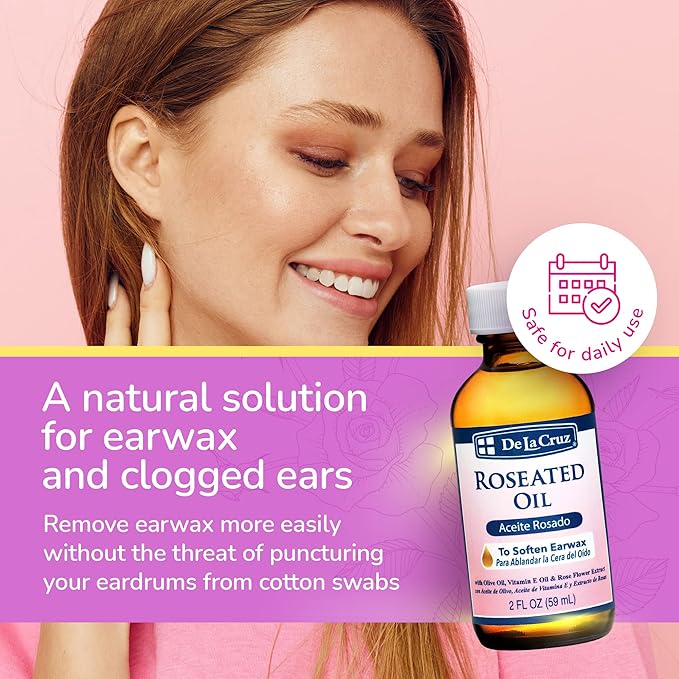 De La Cruz Roseated Oil - Natural Ear Wax Softener Blend with Rose Flower Extract - Ear Wax Aid - Made in The USA - 2 Fl Oz (6 Bottles)