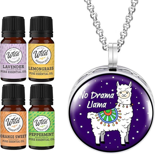 Wild Essentials No Drama Llama Necklace Essential Oil Diffuser Kit, Lavender, Lemongrass, Peppermint, Orange Oils, 8 Refill Pads, Calming Aromatherapy Gift Set, Customizable, Perfume