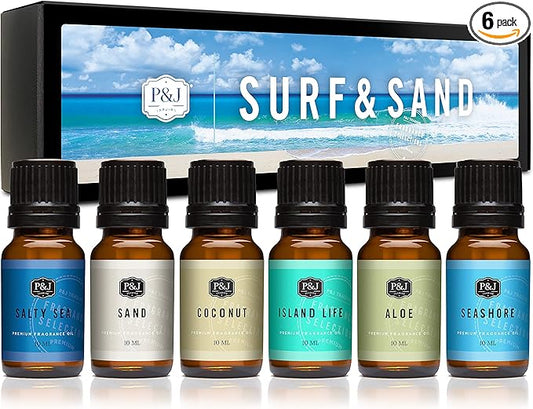 P&J Trading Fragrance Oil Surf & Sand Set | Salty Sea, Sand, Coconut, Island Life, Aloe, Seashore Candle for Candle Making, Freshie Scents, Soap Making Supplies, Diffuser Oil Scents