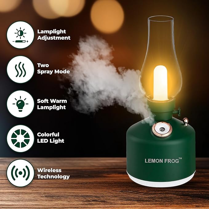 Aroma Diffuser-Vintage LED Night Lamp with Timed Spray; 1200mAh Battery; Wireless; Colorful Lights; Fine Water Mist; Dimming Control; Two Level Spray Quantity; 280mL Capacity. (Matte Black)