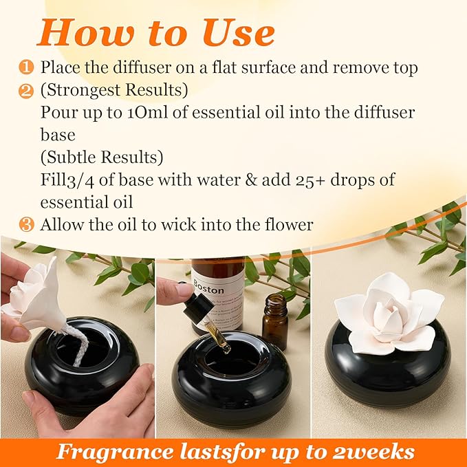Honeydak 1 Pcs Reedless Ceramic Diffuser Set, Porcelain White Flower Aromatherapy Essential Oil Diffuser for Home Office Bathroom Tabletop Decor, Non-Electric, Valentines Day Gift (White Lotus)