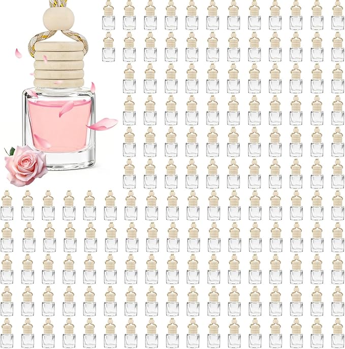 240 Pcs Car Diffuser Bottle Set with Wooden Caps,Dropper and Funnel, Empty Glass Car Air Freshener Bottle Bulk Hanging Essential Oil Fragrance Pendants for Car Decor，Can DIY Car Air Freshners Diffuser