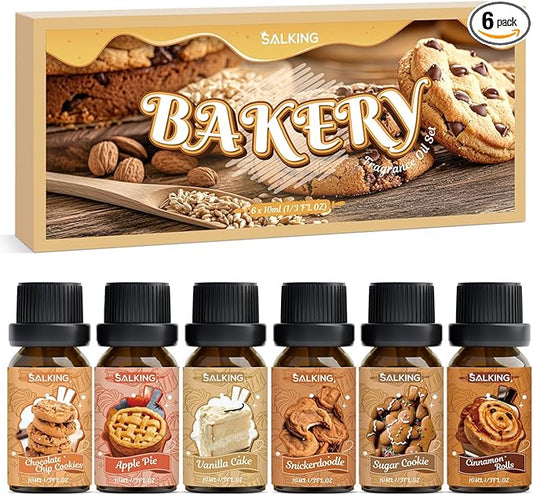 SALKING Bakery Fragrance Oils, Premium Essential Oil for Diffuser, Scented Oil Set for Soap Candle Making - Chocolate Chip Cookies, Apple Pie, Cinnamon Rolls, Vanilla Cake, Snickerdoodle, Sugar Cookie