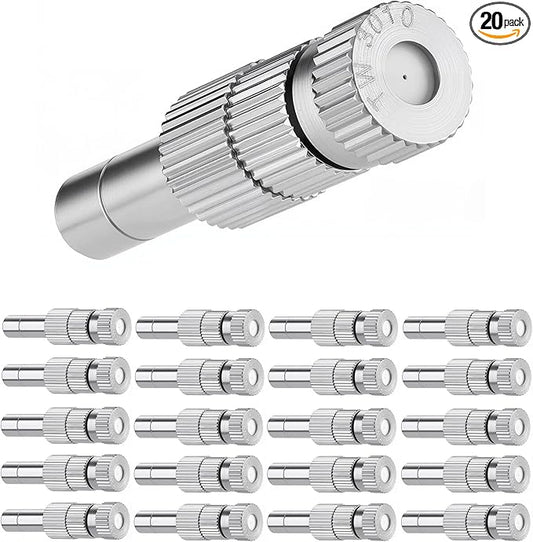 Mornajina 20 Pcs Brass Misting Nozzles Mister Replacement Nozzles with Filter Mesh Fit 1/4" Water Misting Nozzle Tees, 0.012"/0.3mm Orifice Misting System Heads Sprayer for Outdoor Cooling System