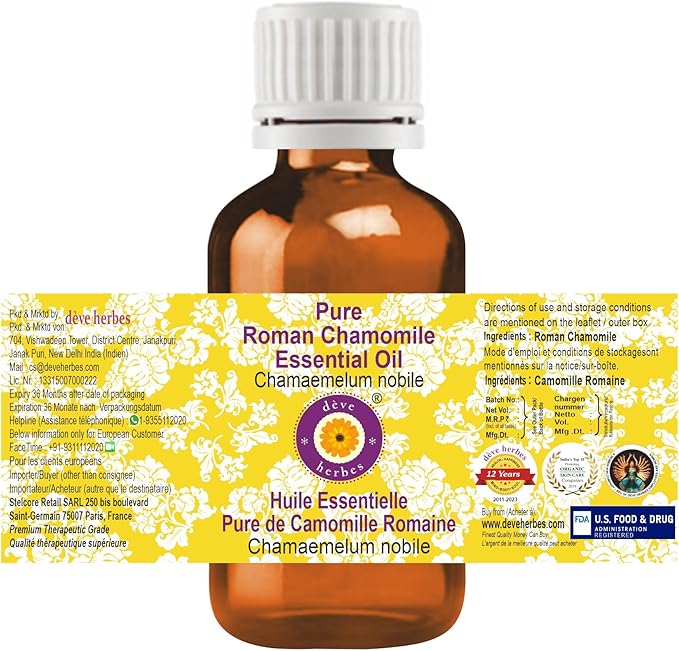 Deve Herbes Pure Roman Chamomile Essential Oil (Chamaemelum nobile) Steam Distilled 30ml (1 oz)