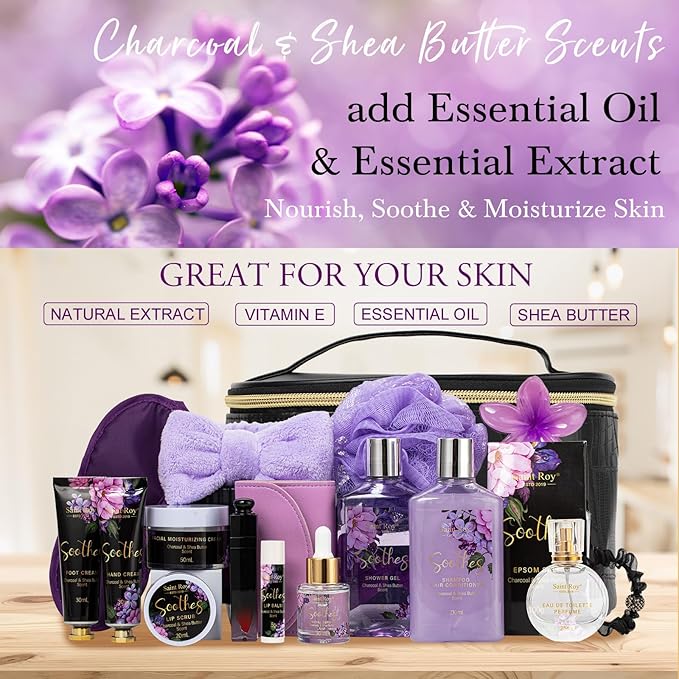 26 Pcs CHARCOAL & SHEA BUTTER Spa Kit Gifts for Women, Hydrating Skin Care Kit, Bath and Body Gift Set, spa kit Leather Cosmetic Bag, Face Serum, Self Care Kit, Anniversary, Birthday, Mothers Day