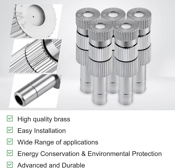 Mornajina 20 Pcs Brass Misting Nozzles Mister Replacement Nozzles with Filter Mesh & 1/4" Water Misting Nozzle Tees Kit, 0.012"/0.3mm Orifice Misting System Heads Sprayer for Outdoor Cooling System,