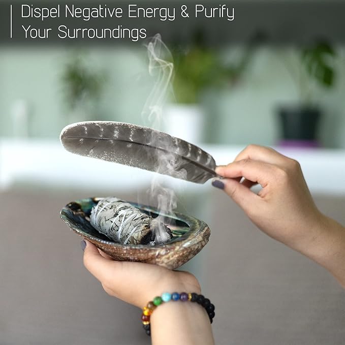 Wish Well Sage Smudge Kit - 3 White Sage Sticks, 2 Palo Santo Sticks, Abalone Shell, Stand, Smudging Feather, 7 Chakra Stones & Crystal Bracelet ~ Sage Incense Sticks for Cleansing House & Meditation