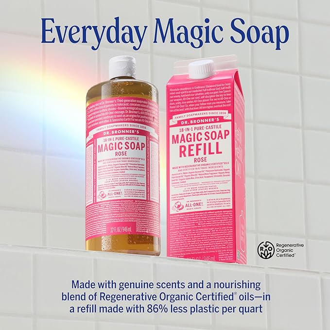 Dr. Bronner's Magic Soap-Pure-Castile Liquid Soap Refill (Rose 32 ounce, 1-Pack)-Regenerative Organic Certified Oils, For Body, Hair, Laundry, Pets & Dishes, Concentrated, Vegan, Non-GMO