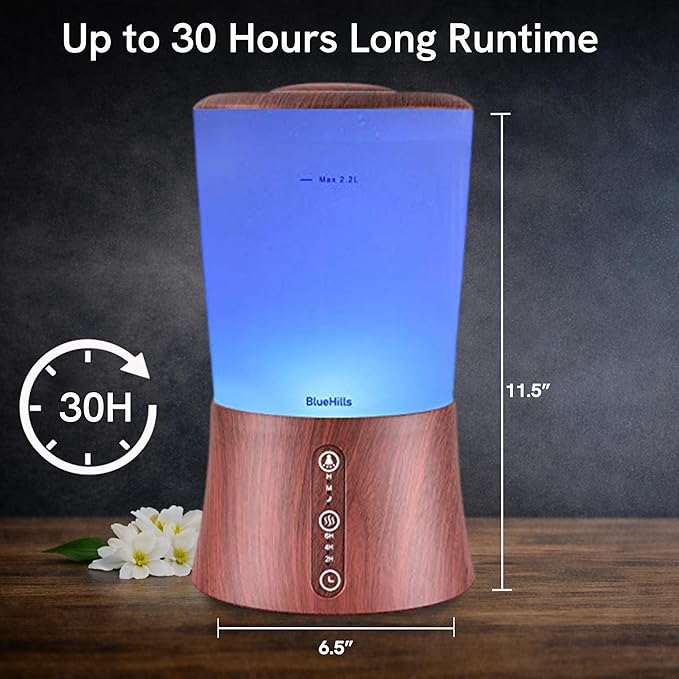BlueHills Large 2000 ML XL Essential Oil Diffuser Aroma Humidifier 2 Liter Capacity for Big Living Room Home Baby Long Run XL Huge Coverage Area High Mist Timer Large Diffuser Dark Wood Grain 2L S3
