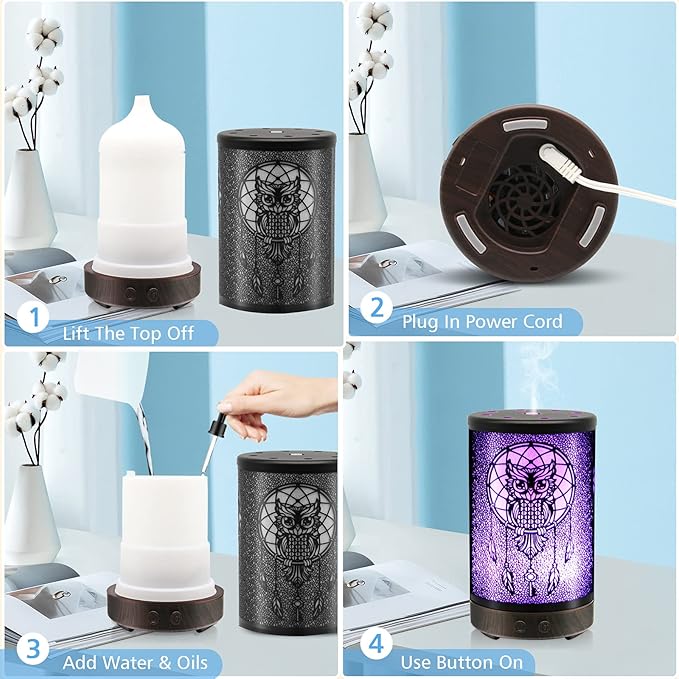 Owl Essential Oil Diffuser, DAROMA 100ml Metal Aromatherapy Ultrasonic Cool Mist Humidifier Air Scent Home Office Gift, 7 Colors Changed LED Mood Light, Waterless Auto-Off