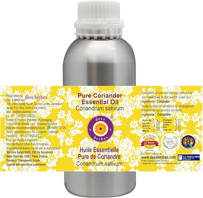 Deve Herbes Pure Coriander Essential Oil (Coriandrum sativum) Steam Distilled 630ml (21 oz)