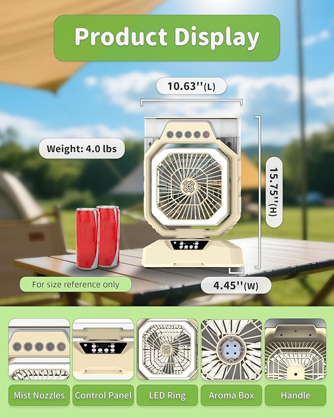 Weljoy Desk Fan 5 Sprayers Rechargeable Misting Fan for Camping & Home – 6 Speed Portable Cooling Fan with Mist 560ml Water Tank Aromatherapy Diffuser Timer 27000mAh Fast-Charging Battery(Off-White)