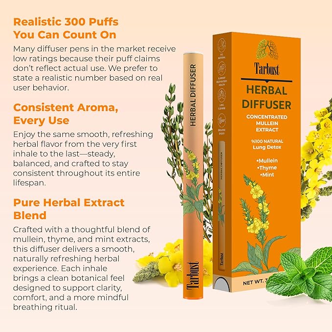 Tarbust Herbal Diffuser Pen, Mullein, Thyme and Mint Extracts, Lung Detox, Breathing Support, Oral Freshness, Nicotine Free, Herbal Diffuser Stick, 300 Uses, Plant Based Formula