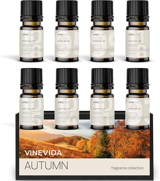 VINEVIDA [Set of 8] Autumn Scents for Candle Making, Made in USA Candle Fragrance Oil, Soap Making Essential Oils, Diffuser Oil Scents