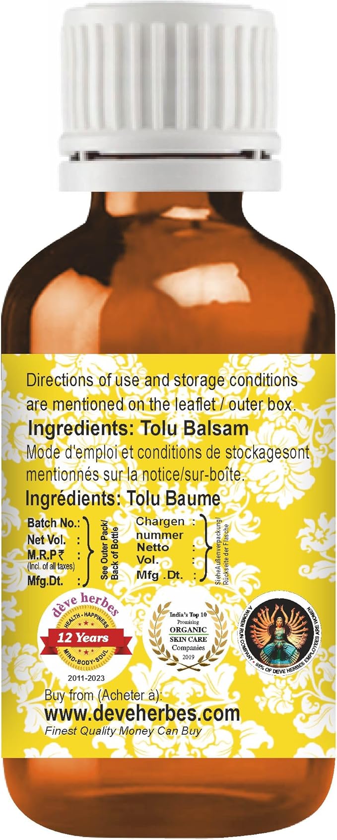 dève herbes Tolu Balsam Essential Oil (Myroxylon balsamum) Pure | Viscous Texture | Rich Aroma | Unisex | All Skin Types | for External Use Only | Natural Extract Steam Distilled 10ml (0.33 oz)