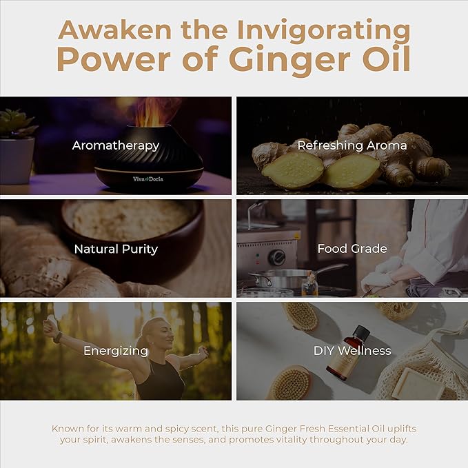 Viva Doria Ginger Essential Oil, 100% Pure Natural, Fresh Ginger Essential Oil, Undiluted, for Aromatherapy | Food Grade, 30 mL (1 Fluid Ounce)