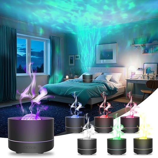 Essential Oil Diffuser, Fire Flame Aromatherapy Diffuser with 7 Colours LED Projection, 200ml Cool Mist Humidifier, Oil Diffuser with Auto-Off Protection for Home,Bedroom,Office,or Spa (Black)