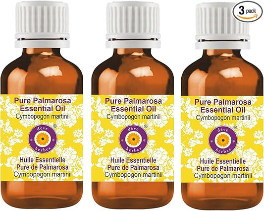Deve Herbes Pure Palmarosa Essential Oil (Cymbopogon martinii) Steam Distilled (Pack of Three) 100ml X 3 (10 oz)