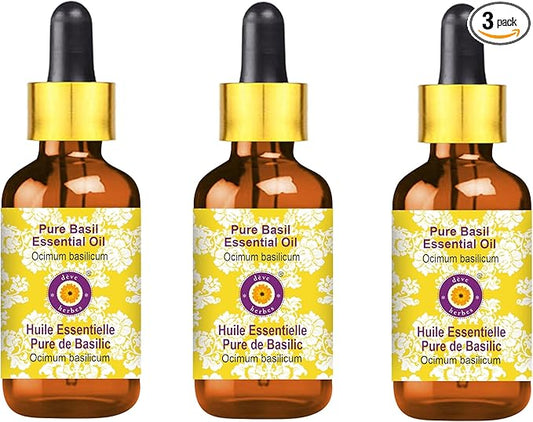 Deve Herbes Pure Basil Essential Oil (Ocimum basilicum) with Glass Dropper Steam Distilled (Pack of Three) 100ml X 3 (10 oz)