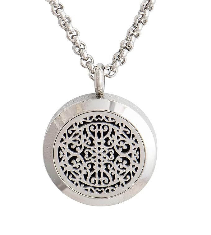 Wild Essentials Wrought Iron Essential Oil Diffuser Necklace, Stainless Steel Locket Pendant with 24 inch Chain, 12 Color Refill Pads, Customizable Color Changing Perfume Jewelry for Aromatherapy