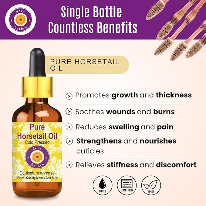 Deve Herbes Horsetail Oil (Equisetum arvense) with Glass Dropper | Cold Pressed | Pure | Natural | for Diluting Essential Oils | Hair, Skin & Massage | Non-Sticky | Lightweight | Unisex | 30ml (1 oz)