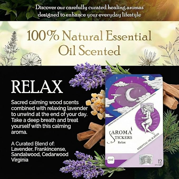 AROMA STICKERS® Original Blend Relax Edition - 100% Natural Essential Oil Scented - Diffuser Stickers for Personal Space - Lavender/Relaxing $ Sleeping (Pack of 3, Total of 36 Stickers)