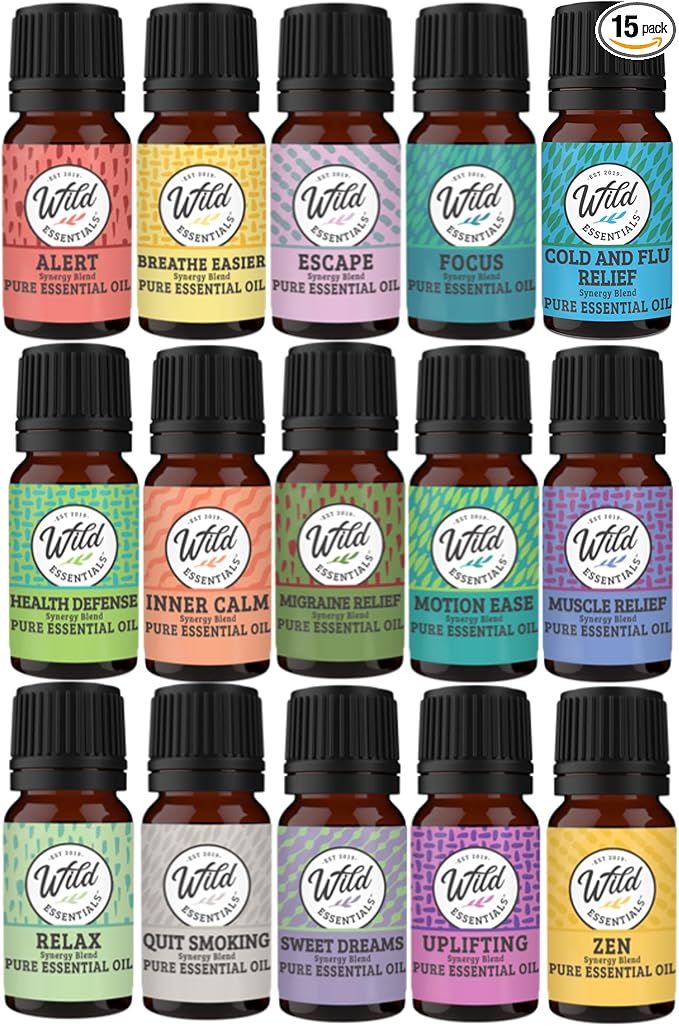 Wild Essentials 15-Piece 100% Pure Therapeutic Grade Essential Oil Synergy Blends Starter Kit - Aromatherapy Gift Set - Great for Diffusers 10ml Bottles, Made and Bottled in The USA