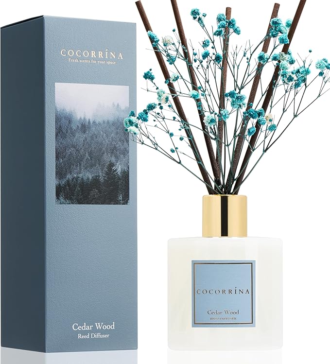 COCORRÍNA Reed Diffuser - Cedar Wood 6.7 fl oz Reed Diffuser with Sticks, Bedroom Bathroom Shelf Decor
