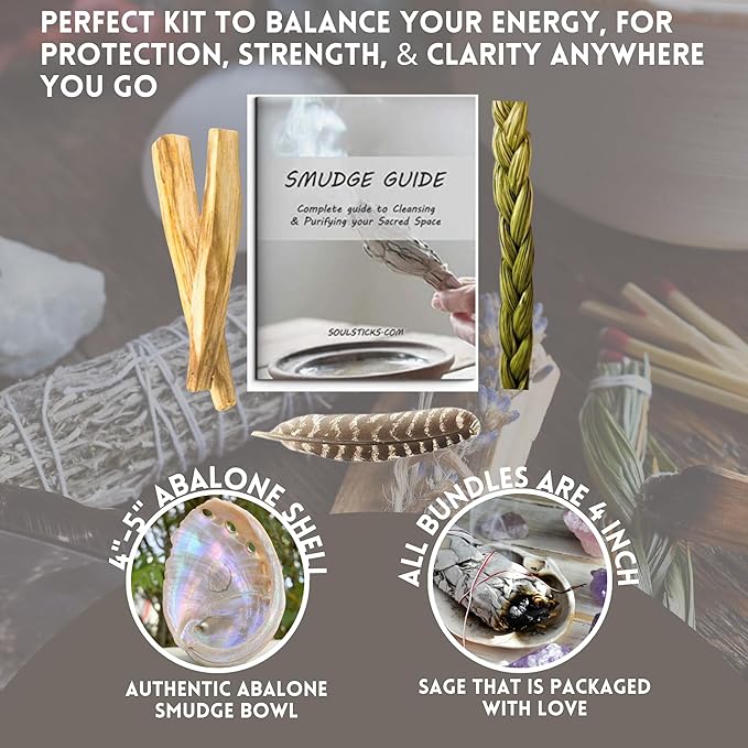 Ancient VEDA Organic Smudge Kit – California White Sage, Palo Santo, Sweetgrass, Abalone Shell, Feather & Smudge Guide | Smudging Kit for Home Energy Cleansing, Meditation, (Healer's Kit, White Sage)