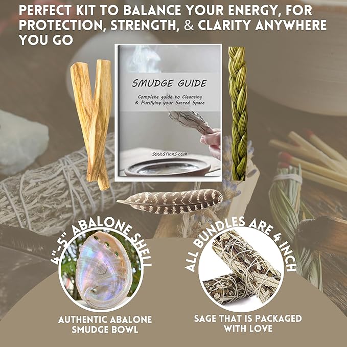 Ancient VEDA Organic Smudge Kit – Yerba Santa, Palo Santo, Sweetgrass, Abalone Shell, Feather & Smudge Guide | Smudging Kit for Home Cleansing, Meditation, Healing (Healer's Kit, Yerba Santa Sage)