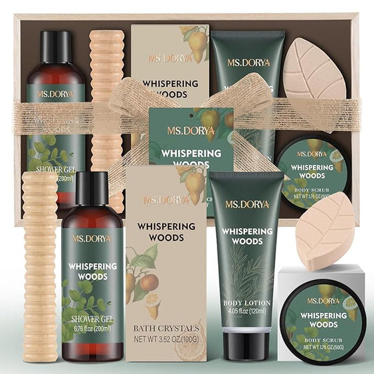 Mothers Day Spa Gift Set for Her - 6Pcs Bath and Body Kit with Shower Gel, Body Lotion, Bath Salt, Scrub, Massage Stick - Whispering Woods Spa Basket for Women Mom Wife Girlfriend