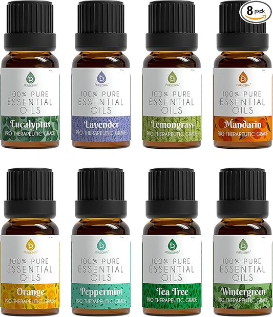 Pursonic Essential Oils Set - 8 Aromatherapy Oils Blends Gift Set - 10ml Pure Essential Oils for Diffusers, Home, Massage & Bath(Eucalyptus,Lavender,Lemongrass,Orange,Peppermint,Tea Tree,Wintergreen)