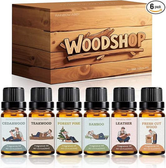 RAINBOW ABBY Woody Fragrance Oils Set, 6x10ml Wood Essential Oil Set for Candle Making, Diffuser - Forest Pine, Fresh Cut Wood, Leather, Teakwood, Bamboo, Cedarwood Aromatherapy Oils