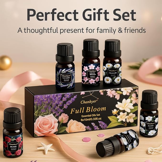Floral Essential Oils Set 6 x 10ml–Gardenia, Jasmine, Rose, Chamomile, Cherry Blossom, Lavender–Pure Fragrance Oils for Diffuser, Aromatherapy and Gift