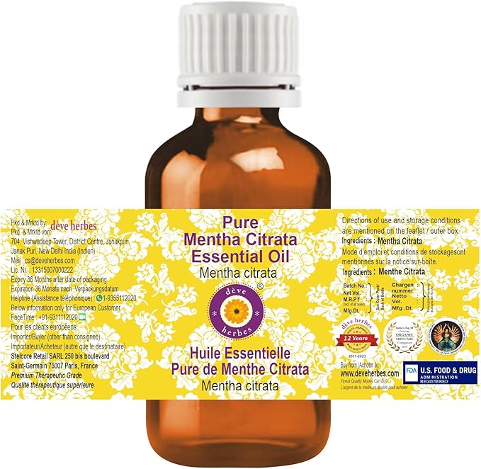 Deve Herbes Pure Mentha Citrata Essential Oil (Mentha citrata) Steam Distilled 10ml (0.33 oz)