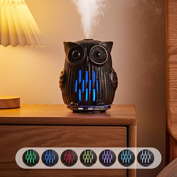 ALIEYE Owl Essential Oils Diffuser Upgraded Design Ceramic Hand-Painted 200ML Quiet Cool Mist Humidifier with Waterless Shut-Off 7 Colors LED Lights & 2 Mist Modes for Bedroom Home Office, Silver