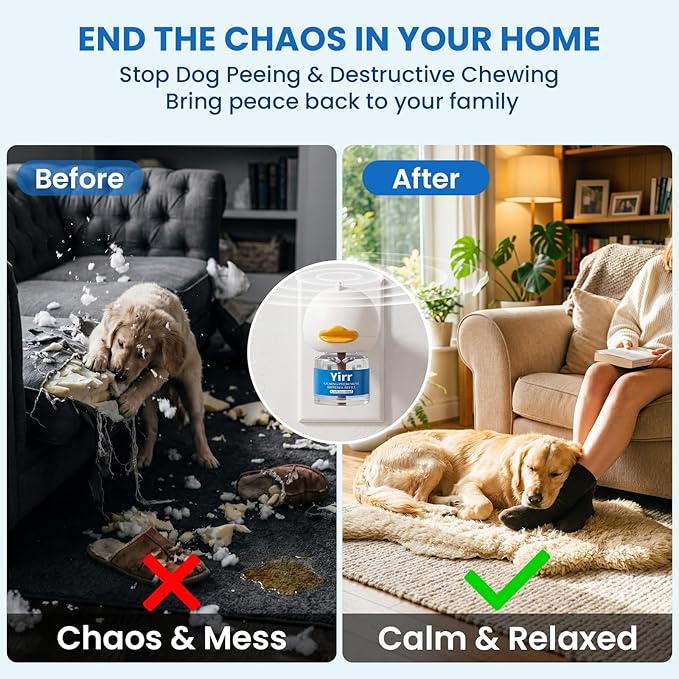 Dog Calming Pheromone Diffuser Kit, 120 Days Long Lasting Calming Diffuser for Dogs, Relieves Anxiety, Barking, Fighting, Destructive Behavior & Accidental Peeing, 2 Diffusers 4 Refills, Odorless