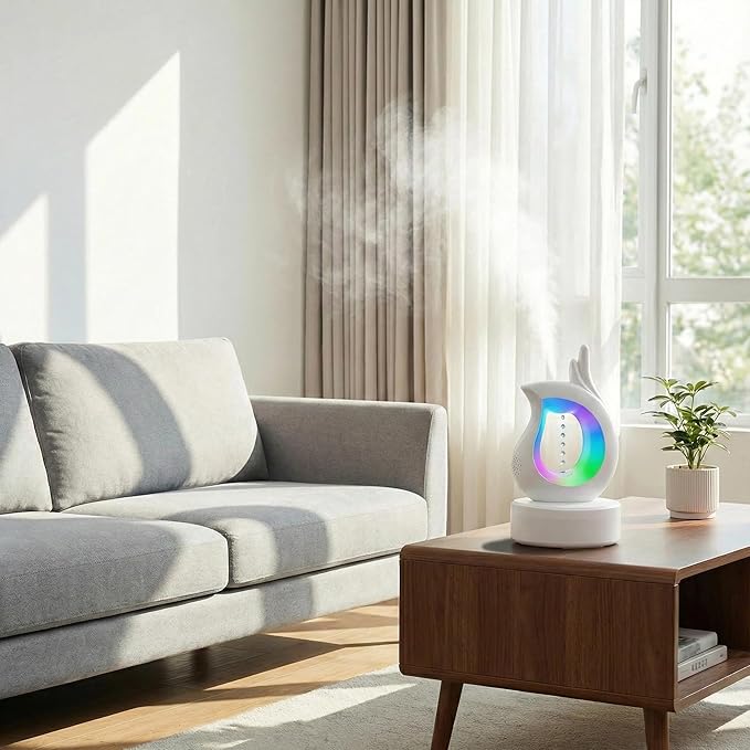 3-in-1 Bedroom Raindrop Humidifier with Bluetooth Speaker & Aroma Diffuser, 7-Color Night Light, Desktop Spray Humidifier with Anti-Gravity Water Droplet Effect – Perfect for Bedroom, Home, and Office