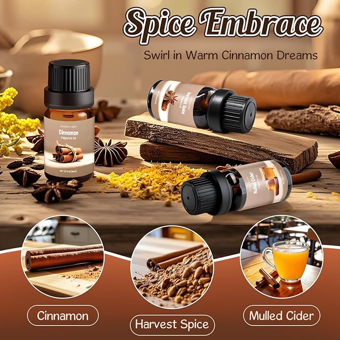 Spice Fragrance Oils Set, RAINBOW ABBY Fall Essential Oil Set for Diffuser, Candle, Soap Making, Pumpkin Pie, Harvest Spice, Gingerbread, Cinnamon, Mulled Cider, Cafe Mocha, Scented Oils, 6x10ml