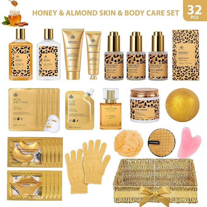 32 Pcs Mother's Day Gift for Mom, Honey & Almond Bath & Body Gift Basket for Women, Hydrating Face Skin Care Set, Self-Care Home Spa Basket Gift Set, Birthday, Christmas, Anniversary