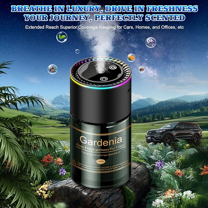 Smart Car Air Freshener Diffuser - 270-Day Long-Lasting Essential Oil (6.09oz/180ml), Auto On/Off Sensor, Ultrasonic Dual Modes, Multi-Mode Adjustable, Natural French Fragrance Oils,Gardenia Scent