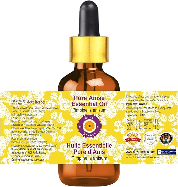 Deve Herbes Pure Anise Essential Oil (Pimpinella anisum) with Glass Dropper Steam Distilled 5ml (0.16 oz)