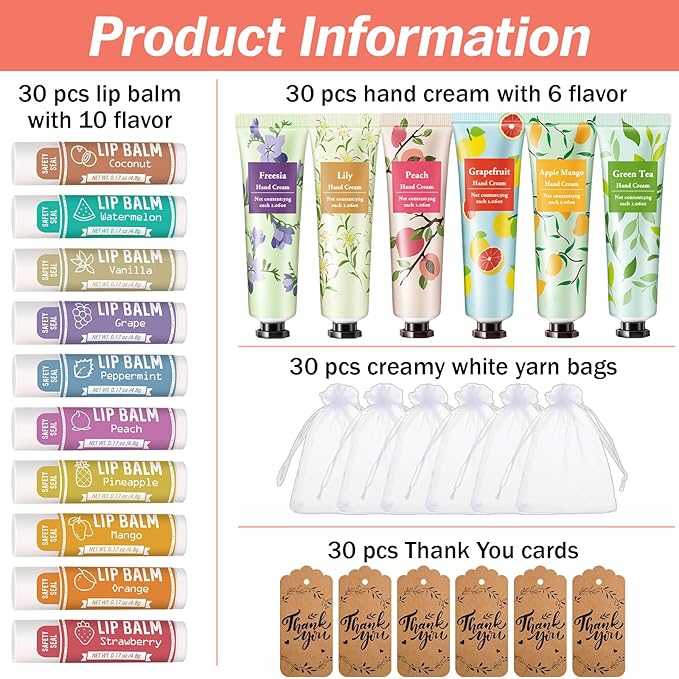 AZEN 30 Sets Bulk Gifts, Hand Cream and Lip Balm Bulk Set with Organza Bag Thank You Card, Baby Shower Wedding Gift for Guests, Bridal Wedding Favors for Guests, Mothers Day Gifts Stocking Stuffers